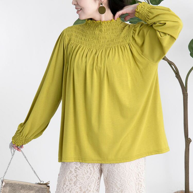 【送料無料/再入荷】 フリルシャーリングカットソー 7色 洗える 長袖 ハイネック レディース トップス インナー カットソー ニット ちょい首 無地 |  | 02