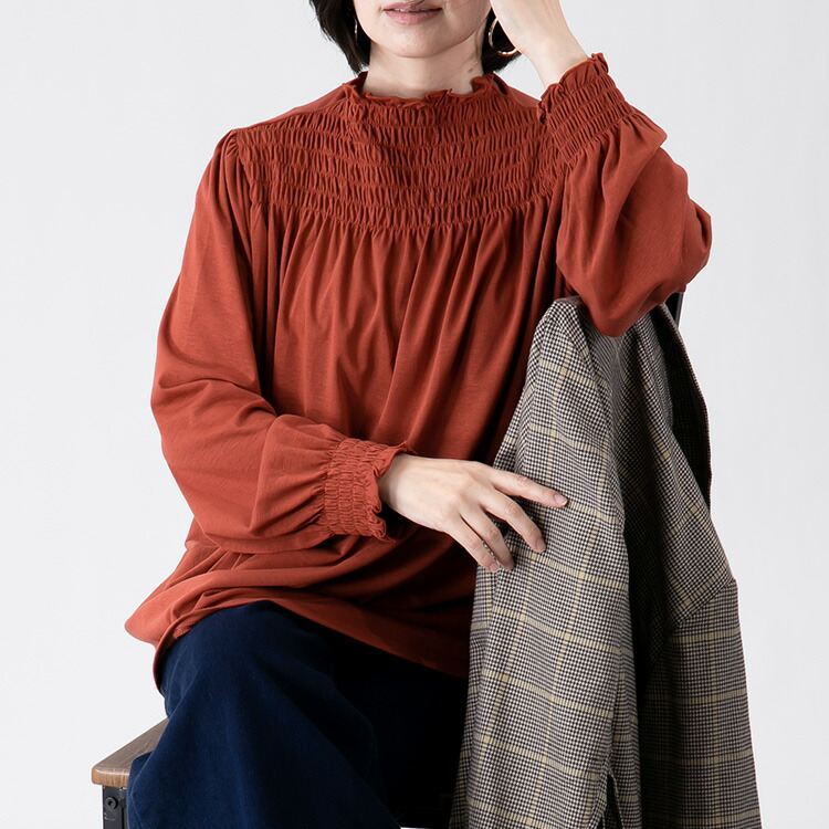 【送料無料/再入荷】 フリルシャーリングカットソー 7色 洗える 長袖 ハイネック レディース トップス インナー カットソー ニット ちょい首 無地 |  | 04