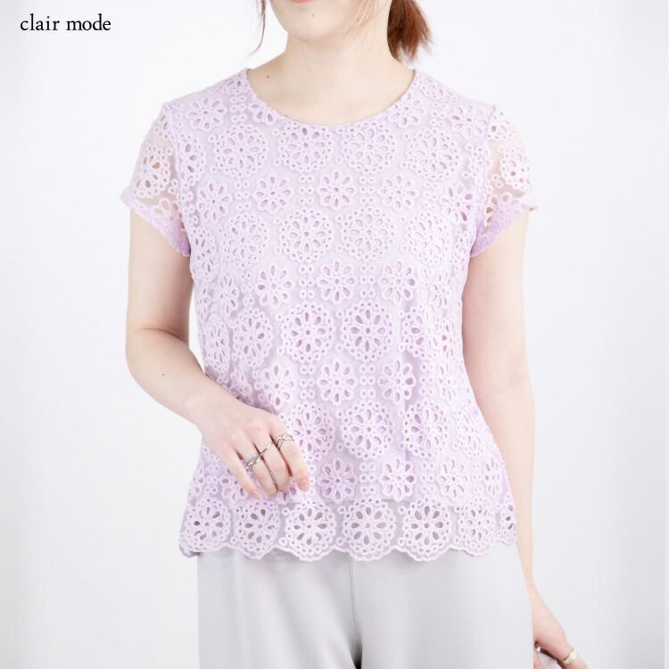 送料無料/再入荷】 花柄レース刺繍カットソー 5色 M-LL 洗える 半袖