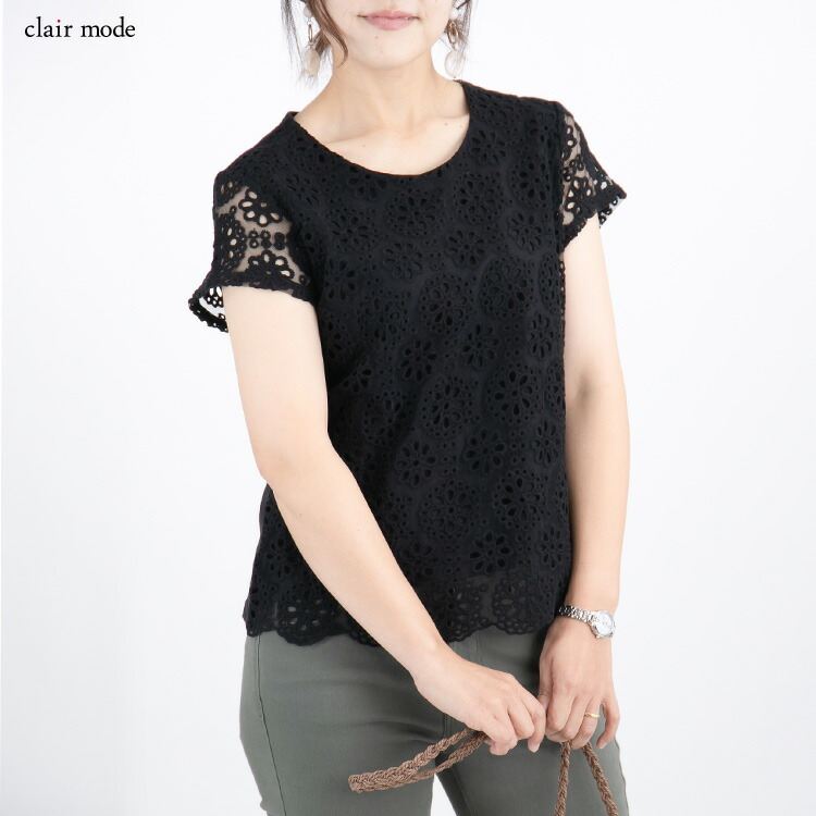 送料無料/再入荷】 花柄レース刺繍カットソー 5色 M-LL 洗える 半袖
