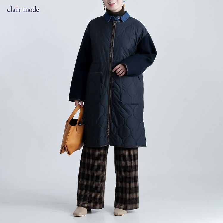 【再入荷】【送料無料】キルティング× ウール調コート M-LL 3色 中わた 長袖 レディース アウター コート 秋冬 裏地あり キルト コート ウール 配色 切替 |  | 03