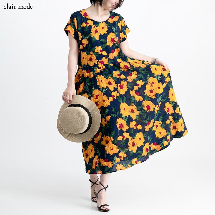 【送料無料/再入荷】 夏柄ワンピース 20柄 M L 洗える 半袖 レディースファッション トップス ワンピース 体型カバー フレア サマーワンピ リゾート気分 夏 |  | 08