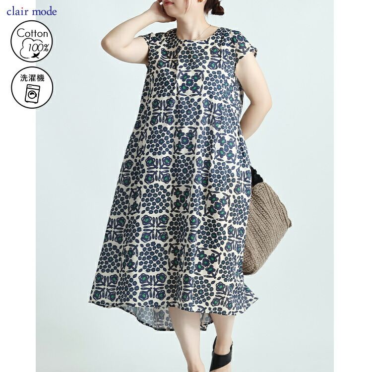 【送料無料/再入荷】 花柄ワンピース 3色 M L 洗える 半袖 綿100% レディース ワンピース トップス フレンチスリーブ 体型カバー Aライン 花柄 大人 夏 |  | 02