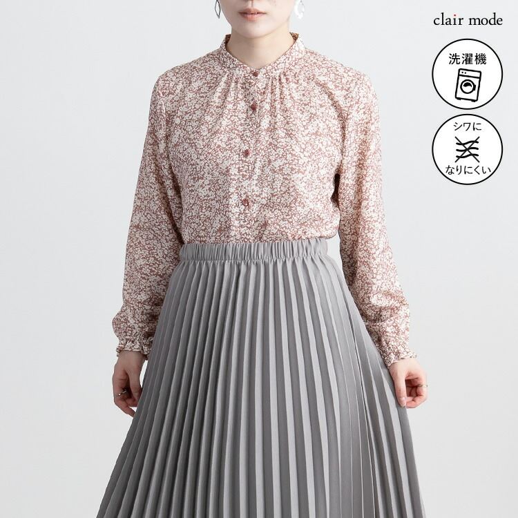 【送料無料】花柄とろみブラウス 3色 M L 防シワ 洗える 長袖 レディース トップス ブラウス 落ち感 ドレープ 体型カバー デート お出かけ 仕事  4499 |  | 02
