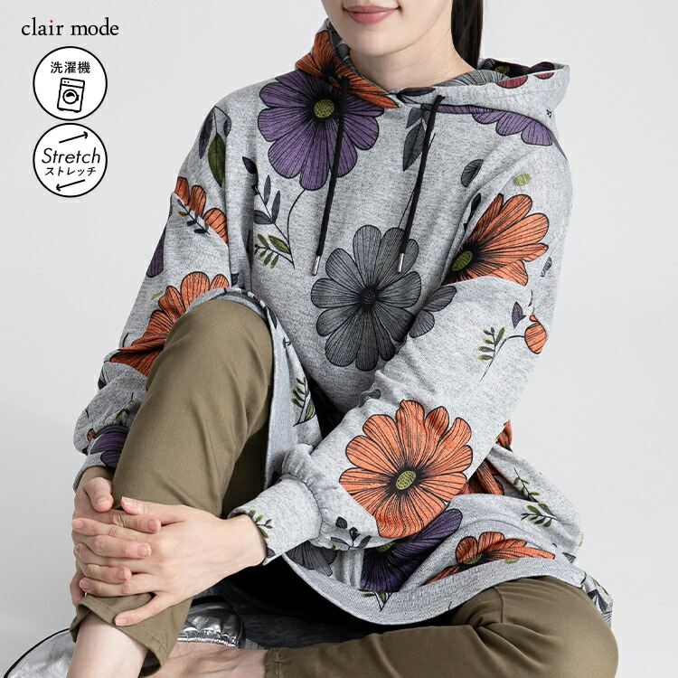 【送料無料/再入荷】 フラワー柄裏起毛チュニック 3色 M-L 洗える 長袖 フード付き レディース トップス チュニック ス 体型カバー Aライン 裏起 |  | 01