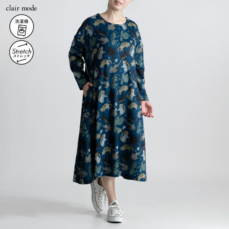 【送料無料/再入荷】 ネコ柄裏起毛ワンピース 3色 M-L 洗える 長袖 丸首 レディース トップス ワンピース 猫 裏起毛 クルーネック 体型カバー 伸縮性 |  | 02