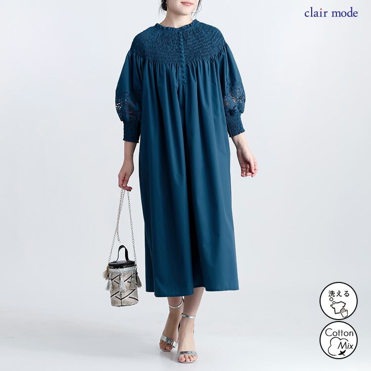 【送料無料/再入荷】 レース×シャーリングワンピース 3色 M-L 洗える 長袖 7分袖 レディースファッション トップス ワンピース Aライン レース 春夏秋 |  | 02