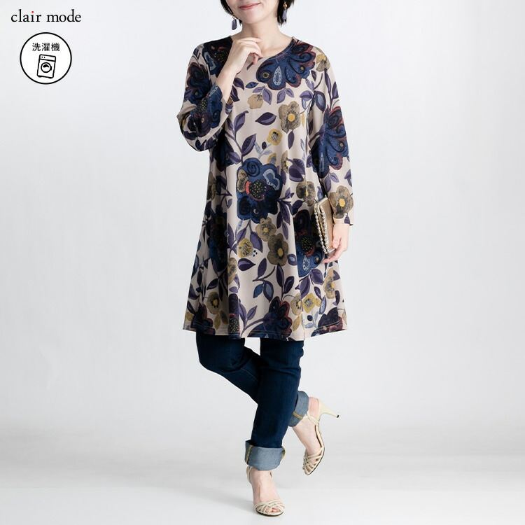 【送料無料/再入荷】 華やか柄チュニック 5色 M L 洗える 七分袖 レディース トップス カットソー プルオーバー チュニック Aライン ストレッチ プリント |  | 01
