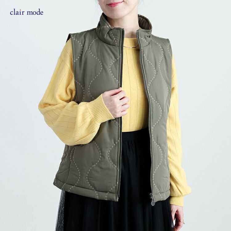 【送料無料】 刺繍キルティングベスト 3色 M-LL 中綿 軽量 レディース トップス アウター ベスト キルト 裏配色 配色ステッチ 波柄 春秋冬 |  | 02