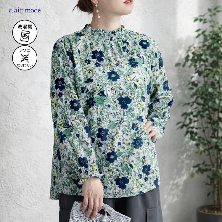 【新作】【送料無料】 花柄シャーリングブラウス 3色 M L 洗える 長袖 レディース トップス ブラウス チュニック スタンドカラー フリル衿 とろみ素材 楽ちん |  | 02
