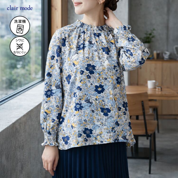 【新作】【送料無料】 花柄シャーリングブラウス 3色 M L 洗える 長袖 レディース トップス ブラウス チュニック スタンドカラー フリル衿 とろみ素材 楽ちん |  | 03