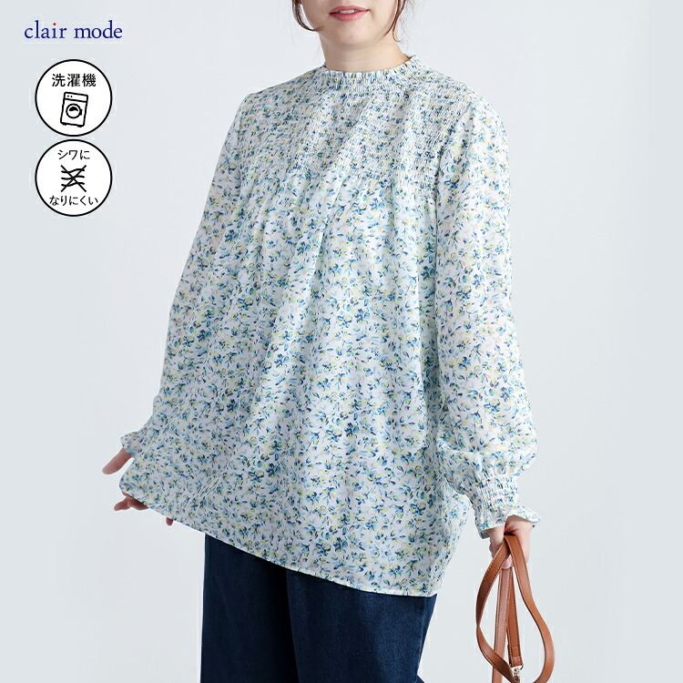 【準新作/送料無料】 小花柄シャーリングブラウス 2色 M L 洗える 長袖 レディース トップス ブラウス チュニック スタンドカラー フリル衿 とろみ素材 楽ちん |  | 02
