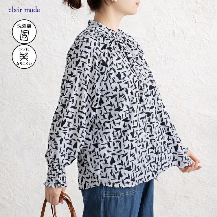 【新作】【送料無料】 モダン柄シャーリングブラウス 3色 M L 洗える 長袖 レディース トップス ブラウス チュニック スタンドカラー フリル衿 とろみ素材 |  | 01