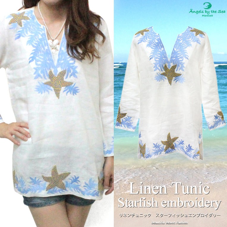 ラウンド リネンチュニック Hawaii Sea The By Angels 夏 おしゃれ トップス リゾート ハワイ ホワイト 白 刺繍 おしゃれ トップス ハワイ スターフィッシュエンブロイダリー 麻 白 525w ホワイト Tシャツ カットソー Meorboston Org