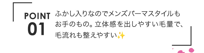 ポイント1 ふかし入りなのでメンズパーマスタイルもお手のもの。立体感を出しやすい毛量で、毛流れも整えやすい