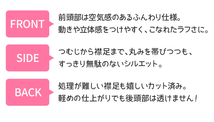 [正面]頭頂部は空気感のあるふんわり仕様。動きや立体感をつけやすく、こなれたラフさに。 [サイド]つむじから襟足まで、丸みを帯びつつも、すっきり無駄のないシルエット。 [後ろ] 処理が難しい襟足もうれしいカット済み。軽めの仕上がりでも後頭部は透けません!