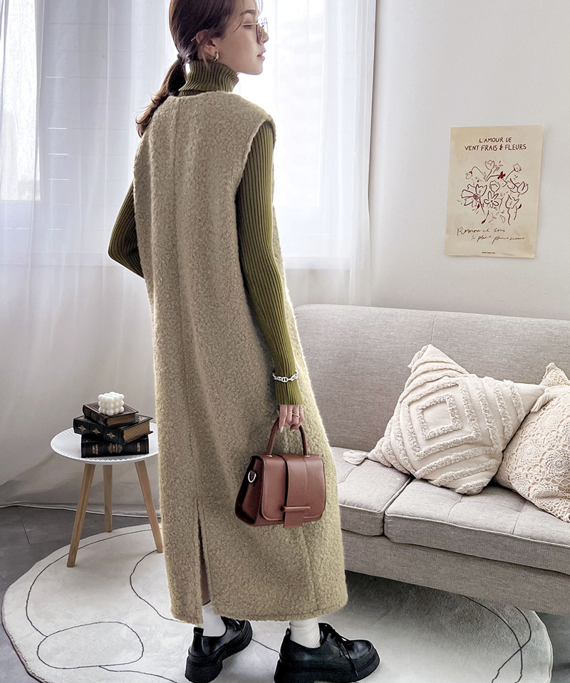 トップス ワンピース レディース フェイクリングウール Vネック くるくる起毛 レイヤード 暖か 保温 アウター ロング丈 スリット ポケット | classicalelf | 03