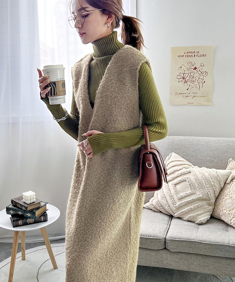 トップス ワンピース レディース フェイクリングウール Vネック くるくる起毛 レイヤード 暖か 保温 アウター ロング丈 スリット ポケット | classicalelf | 04