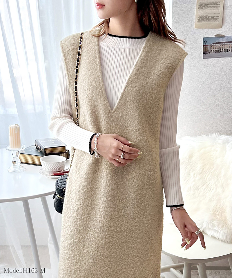 トップス ワンピース レディース フェイクリングウール Vネック くるくる起毛 レイヤード 暖か 保温 アウター ロング丈 スリット ポケット | classicalelf | 05