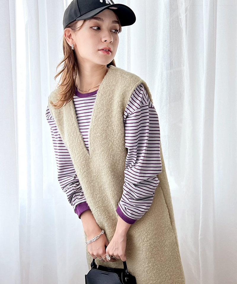 トップス ワンピース レディース フェイクリングウール Vネック くるくる起毛 レイヤード 暖か 保温 アウター ロング丈 スリット ポケット | classicalelf | 07