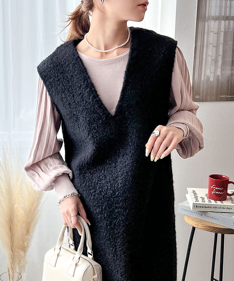 トップス ワンピース レディース フェイクリングウール Vネック くるくる起毛 レイヤード 暖か 保温 アウター ロング丈 スリット ポケット | classicalelf | 09