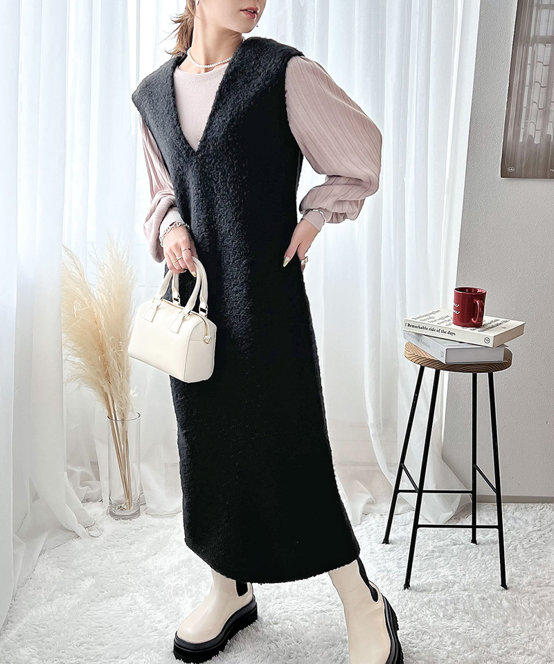 トップス ワンピース レディース フェイクリングウール Vネック くるくる起毛 レイヤード 暖か 保温 アウター ロング丈 スリット ポケット | classicalelf | 10