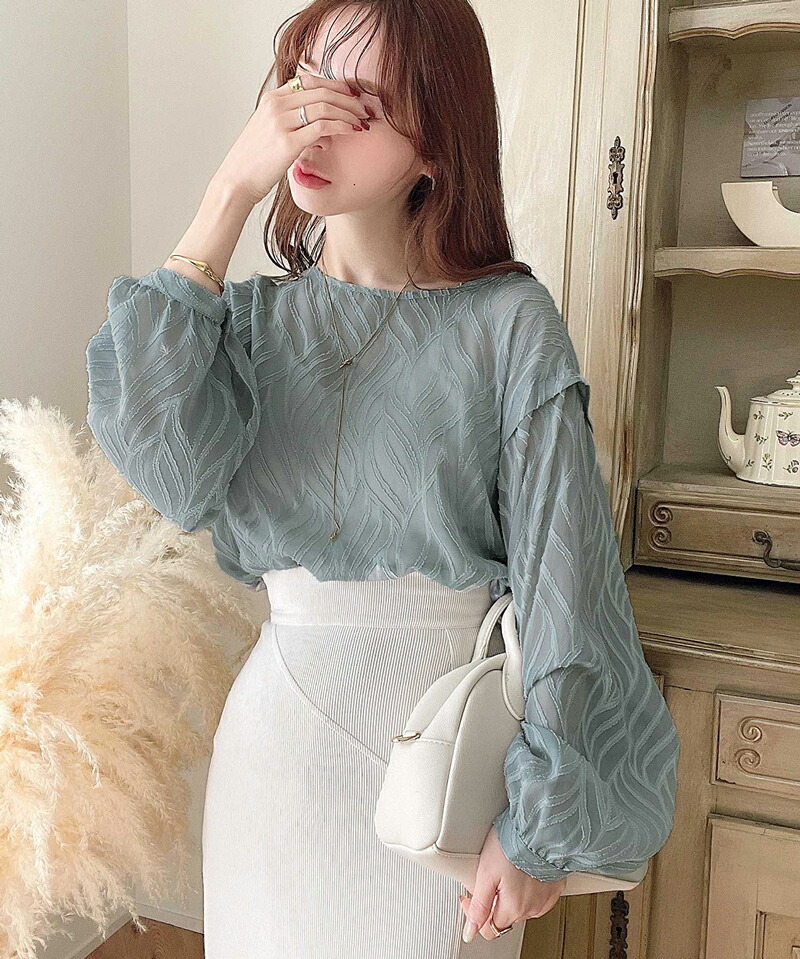 トップス ブラウス レディース 前後 2way シフォン シアー ジャガード シャツ 長袖 程よい 透け感 レイヤード コーデ 羽織り | classicalelf | 04