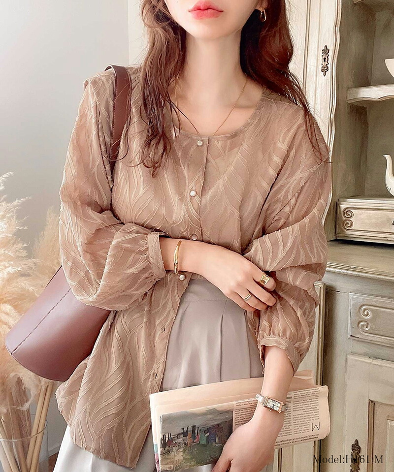 トップス ブラウス レディース 前後 2way シフォン シアー ジャガード シャツ 長袖 程よい 透け感 レイヤード コーデ 羽織り | classicalelf | 10