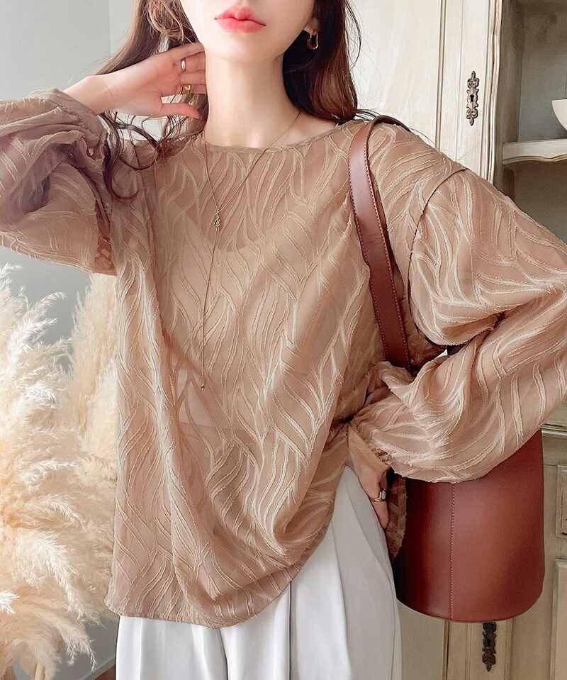 トップス ブラウス レディース 前後 2way シフォン シアー ジャガード シャツ 長袖 程よい 透け感 レイヤード コーデ 羽織り | classicalelf | 12