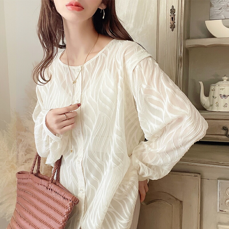 トップス ブラウス レディース 前後 2way シフォン シアー ジャガード シャツ 長袖 程よい 透け感 レイヤード コーデ 羽織り | classicalelf | 18