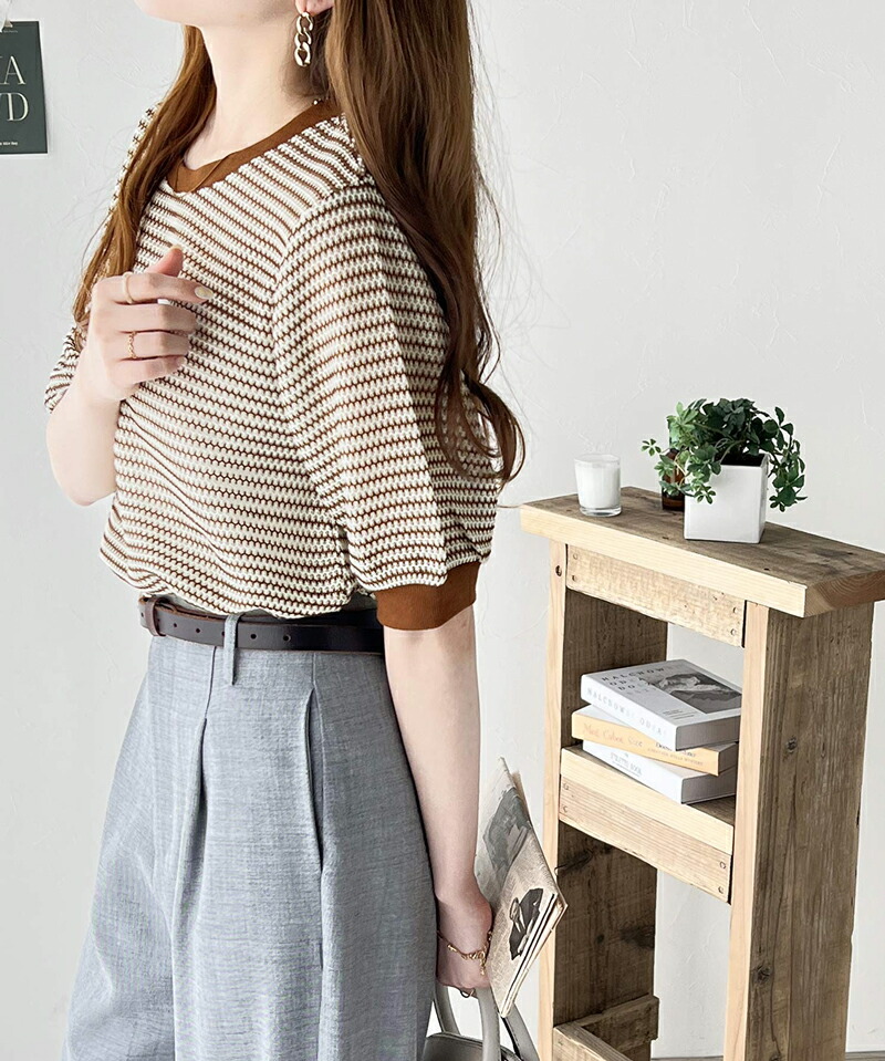 トップス Tシャツ レディース かぎ針風 配色 リブ ボーダー Tee 半袖 パフスリーブ 着回し デイリー ゆるっと オーバーシルエット レイヤードコーデ | classicalelf | 08