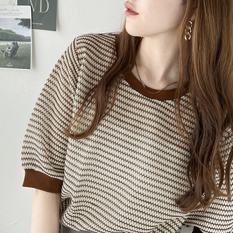トップス Tシャツ レディース かぎ針風 配色 リブ ボーダー Tee 半袖 パフスリーブ 着回し デイリー ゆるっと オーバーシルエット レイヤードコーデ | classicalelf | 14