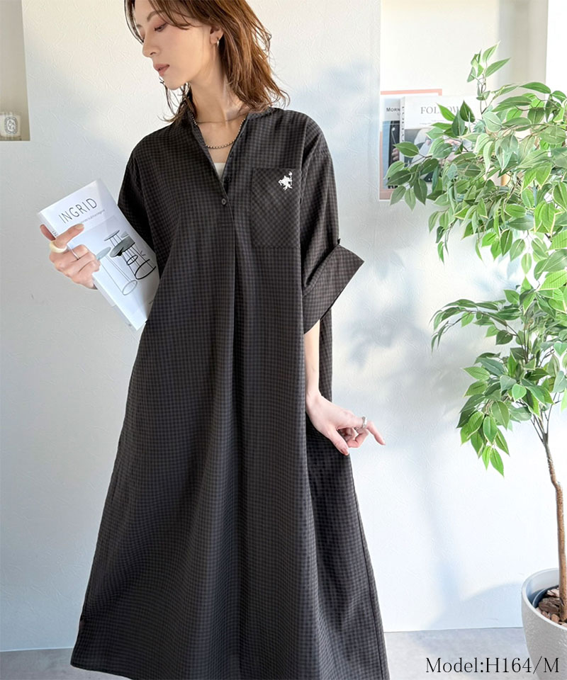 【 クラシカルエルフ classical elf 】【接触冷感機能付き】ワンピース レディース   胸 刺繍 入り ポケット デザイン ロールアップ サッカーワンピ | classicalelf | 02