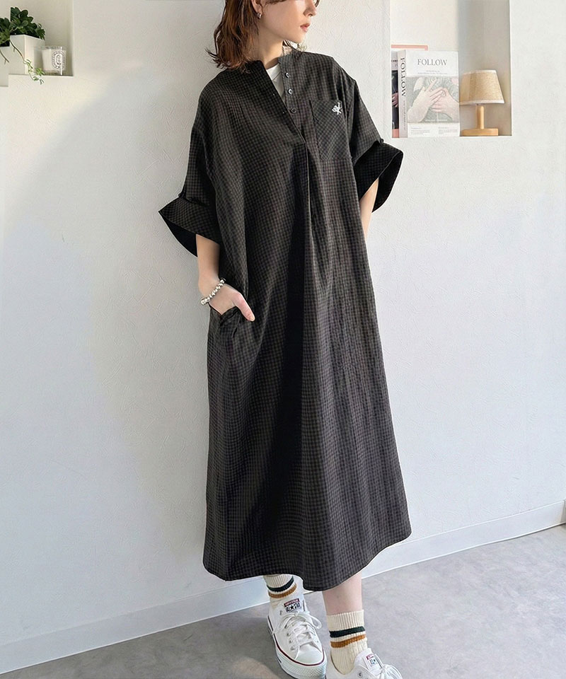 【 クラシカルエルフ classical elf 】【接触冷感機能付き】ワンピース レディース   胸 刺繍 入り ポケット デザイン ロールアップ サッカーワンピ | classicalelf | 05