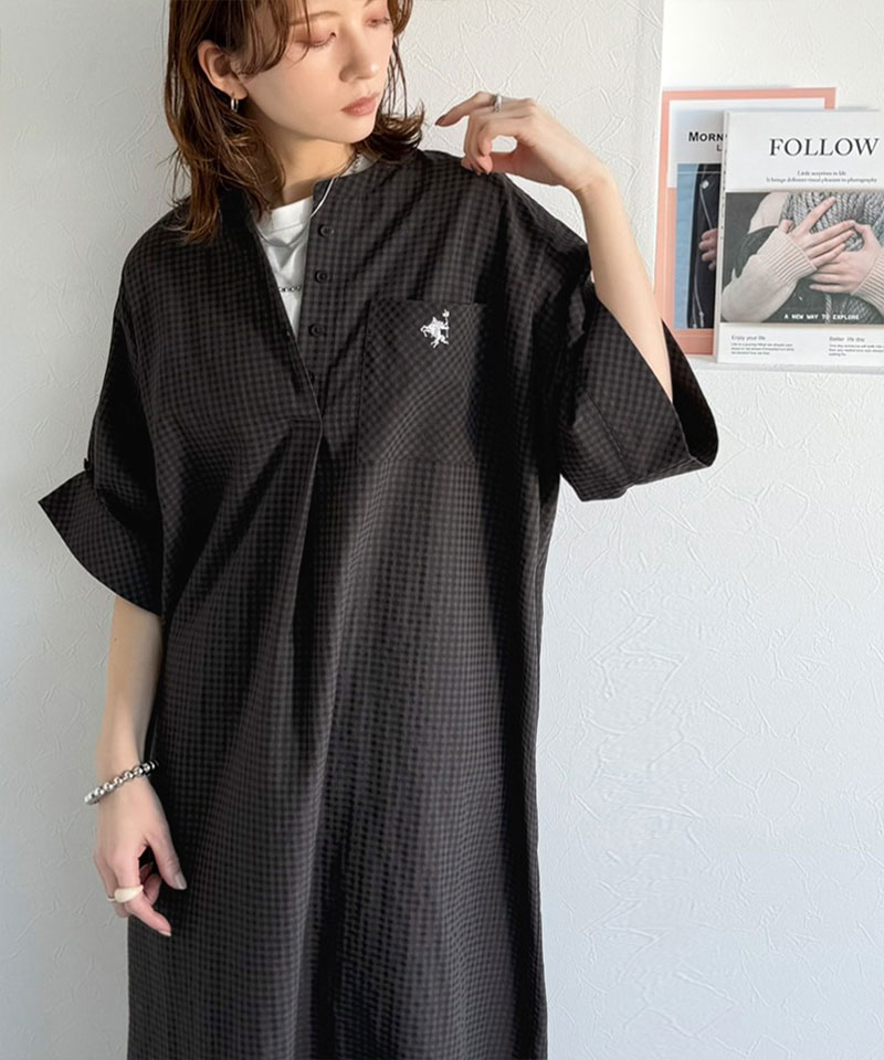 【 クラシカルエルフ classical elf 】【接触冷感機能付き】ワンピース レディース   胸 刺繍 入り ポケット デザイン ロールアップ サッカーワンピ | classicalelf | 06