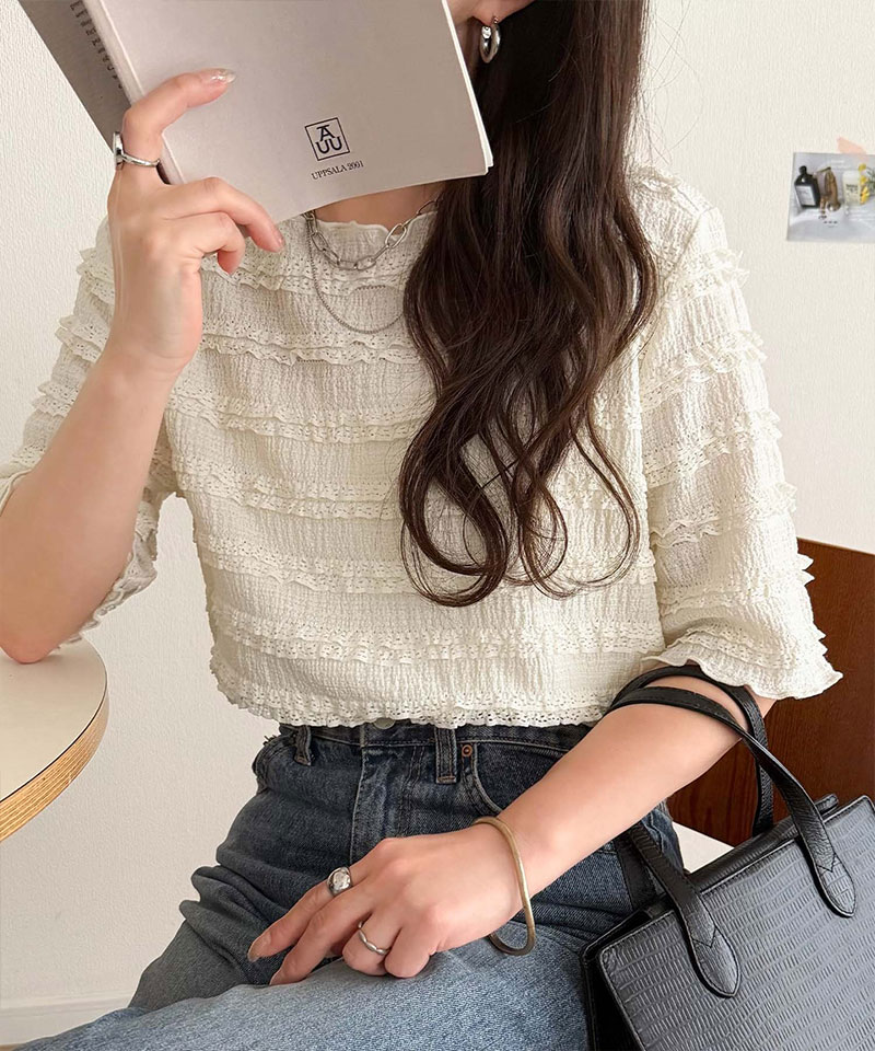 大人のフリルジャガード。襟メロウボーダー見えフリルカットソー（半袖 Classical Elf クラシカルエルフ ce1010612 | classicalelf | 04
