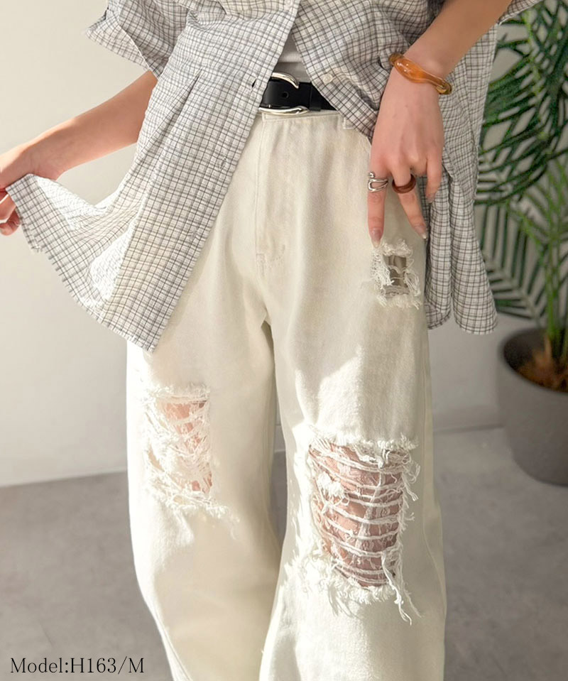 【 クラシカルエルフ classical elf 】 カーブパンツ デニム ボトムス パンツ レディース デニムパンツ ダメージデニム レース付き 綿100％ 曲線美 | classicalelf | 02