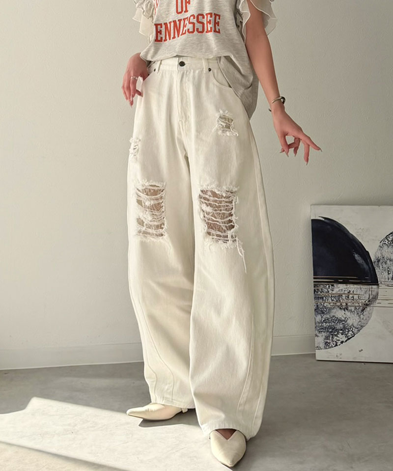 【 クラシカルエルフ classical elf 】 カーブパンツ デニム ボトムス パンツ レディース デニムパンツ ダメージデニム レース付き 綿100％ 曲線美 | classicalelf | 03