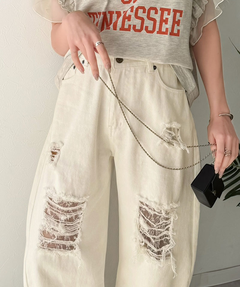 【 クラシカルエルフ classical elf 】 カーブパンツ デニム ボトムス パンツ レディース デニムパンツ ダメージデニム レース付き 綿100％ 曲線美 | classicalelf | 04