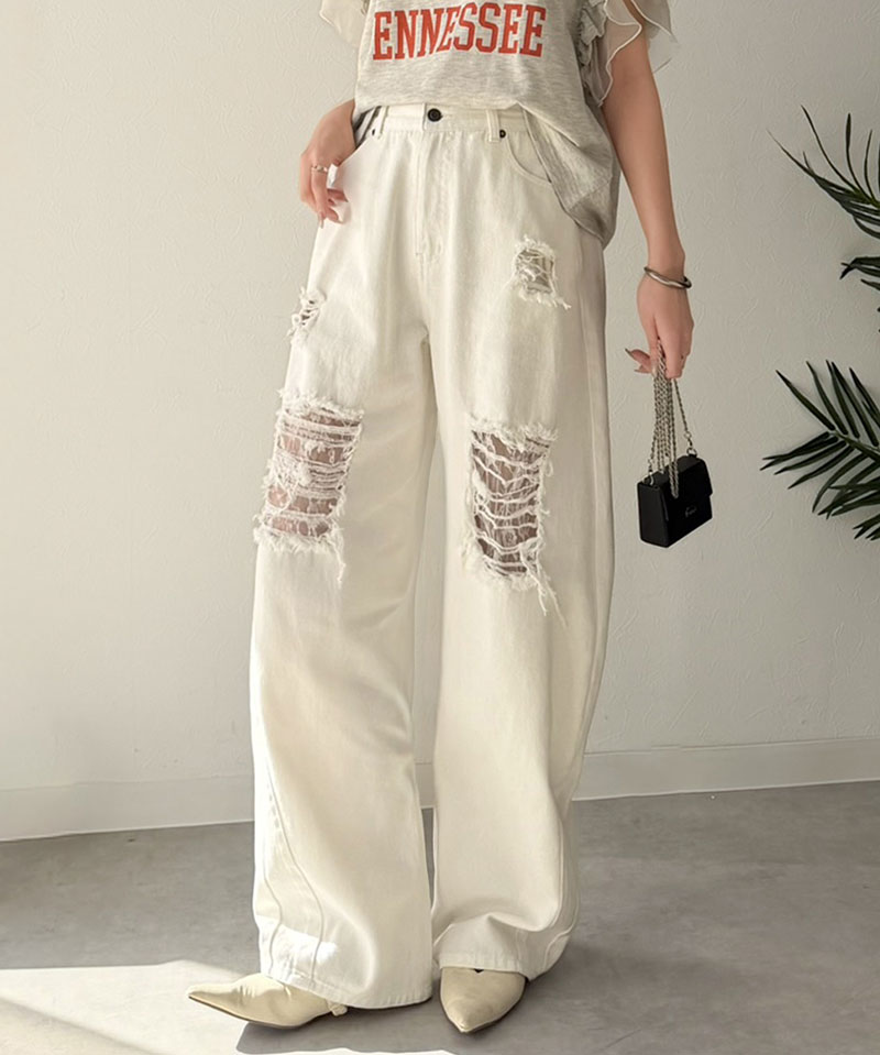 【 クラシカルエルフ classical elf 】 カーブパンツ デニム ボトムス パンツ レディース デニムパンツ ダメージデニム レース付き 綿100％ 曲線美 | classicalelf | 05