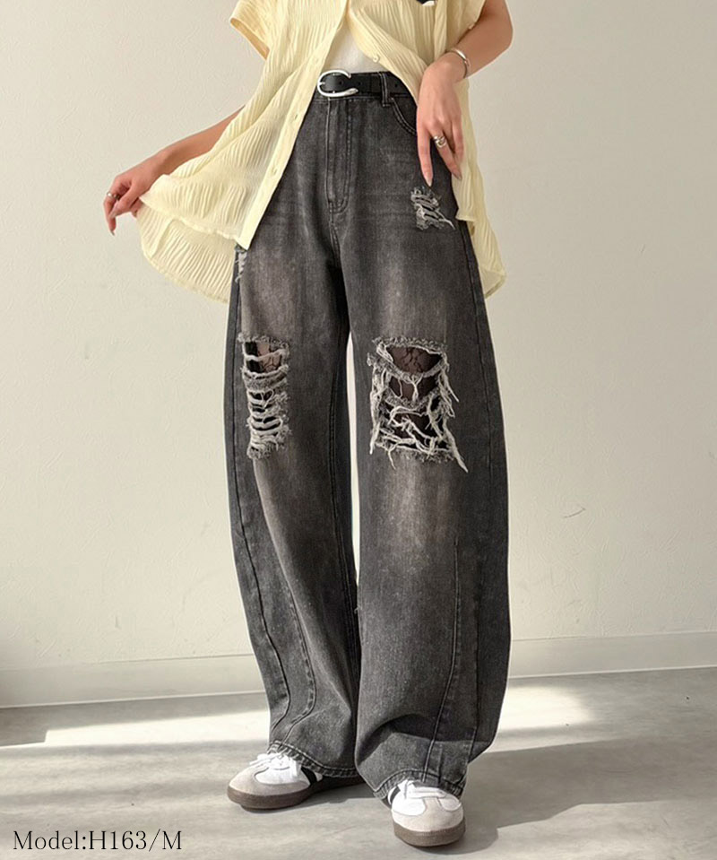 【 クラシカルエルフ classical elf 】 カーブパンツ デニム ボトムス パンツ レディース デニムパンツ ダメージデニム レース付き 綿100％ 曲線美 | classicalelf | 07