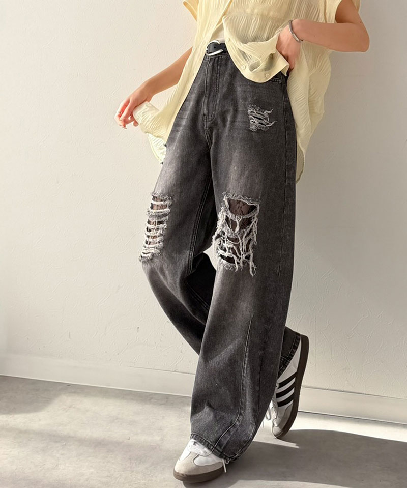 【 クラシカルエルフ classical elf 】 カーブパンツ デニム ボトムス パンツ レディース デニムパンツ ダメージデニム レース付き 綿100％ 曲線美 | classicalelf | 08