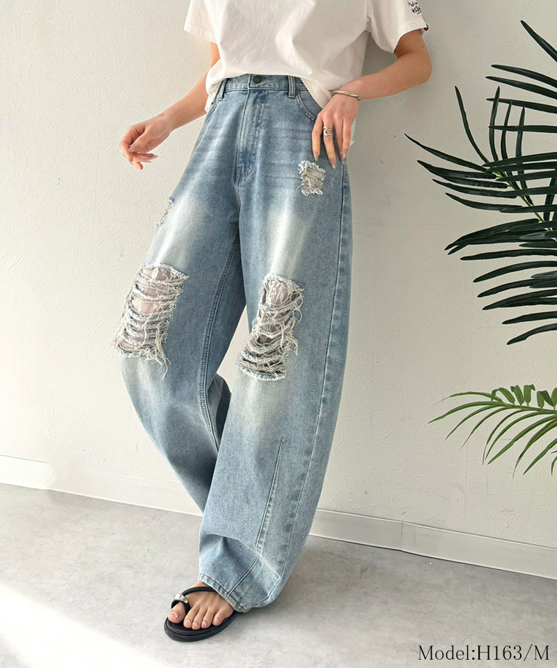 【 クラシカルエルフ classical elf 】 カーブパンツ デニム ボトムス パンツ レディース デニムパンツ ダメージデニム レース付き 綿100％ 曲線美 | classicalelf | 11