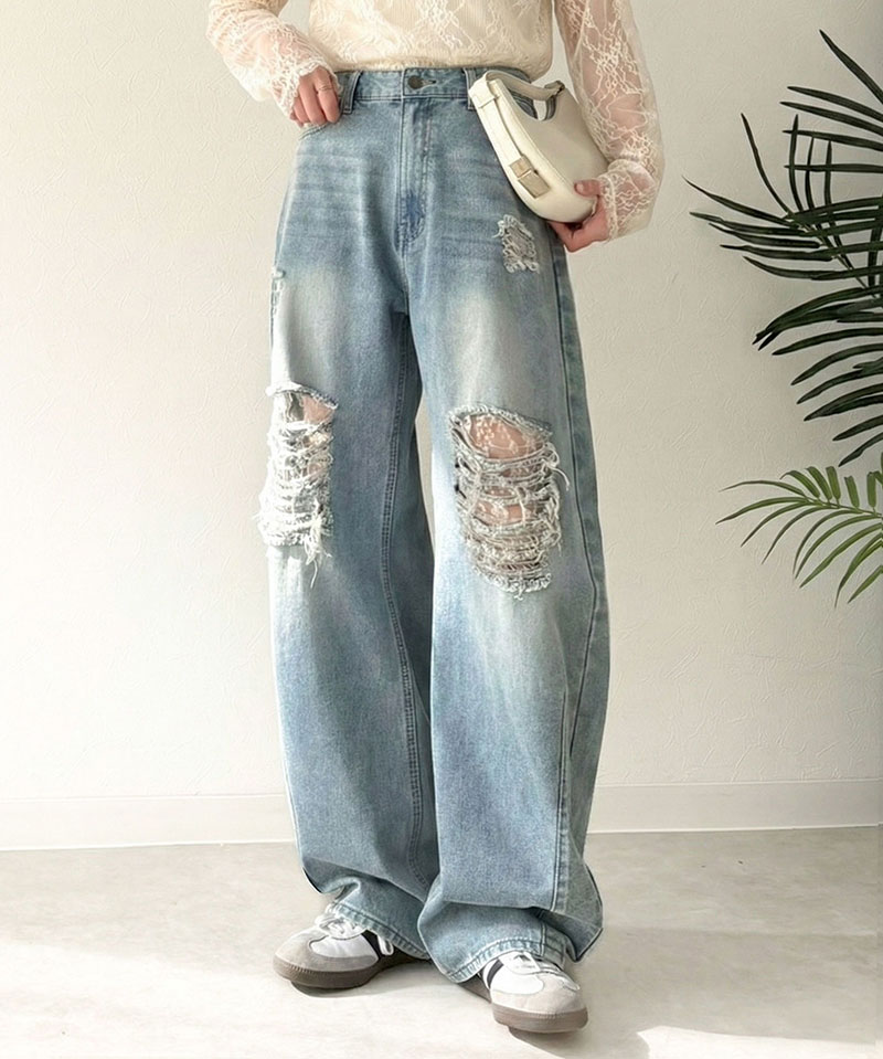 【 クラシカルエルフ classical elf 】 カーブパンツ デニム ボトムス パンツ レディース デニムパンツ ダメージデニム レース付き 綿100％ 曲線美 | classicalelf | 12