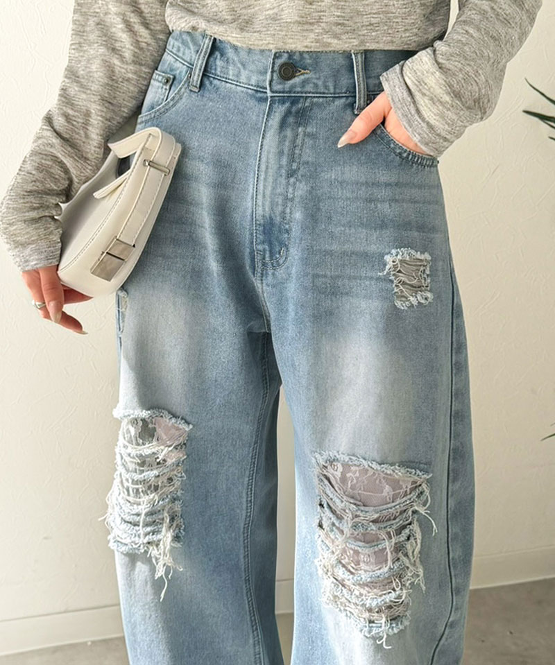 【 クラシカルエルフ classical elf 】 カーブパンツ デニム ボトムス パンツ レディース デニムパンツ ダメージデニム レース付き 綿100％ 曲線美 | classicalelf | 14