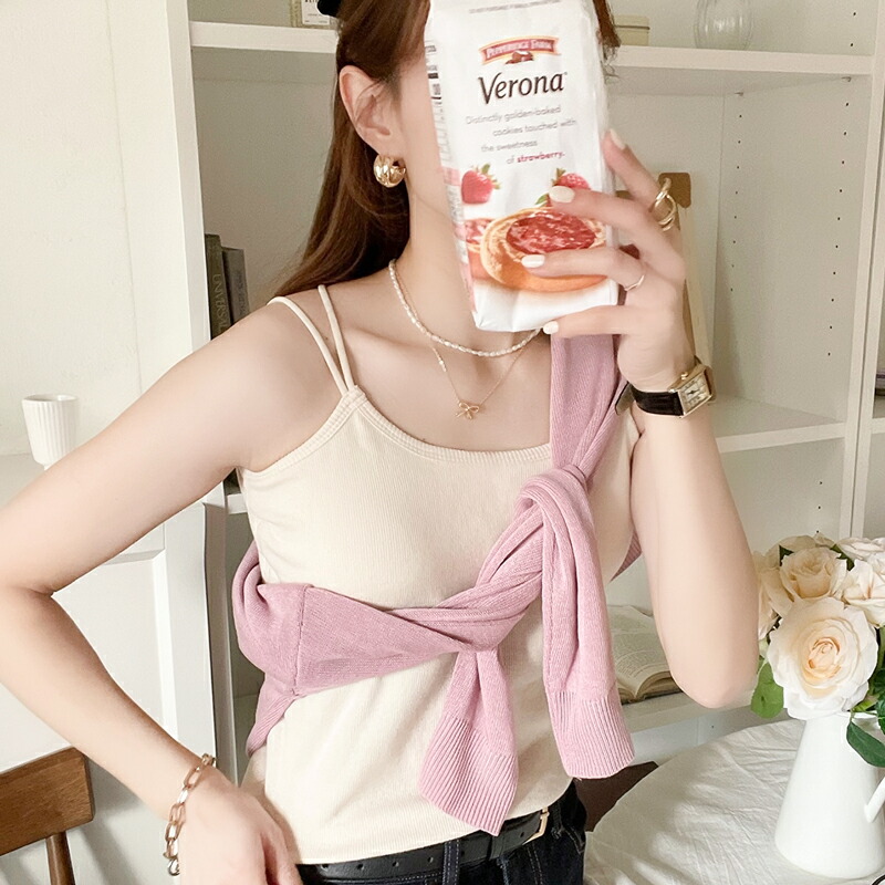 トップス キャミソール レディース Wストラップ カップ付 棉混 リブ 素材 キャミ 華奢見え ストレスフリー 涼しい レイヤードコーデ | classicalelf