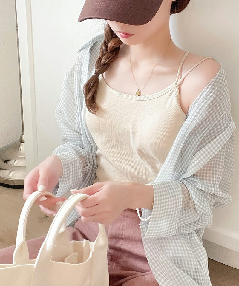 トップス キャミソール レディース Wストラップ カップ付 棉混 リブ 素材 キャミ 華奢見え ストレスフリー 涼しい レイヤードコーデ | classicalelf | 03