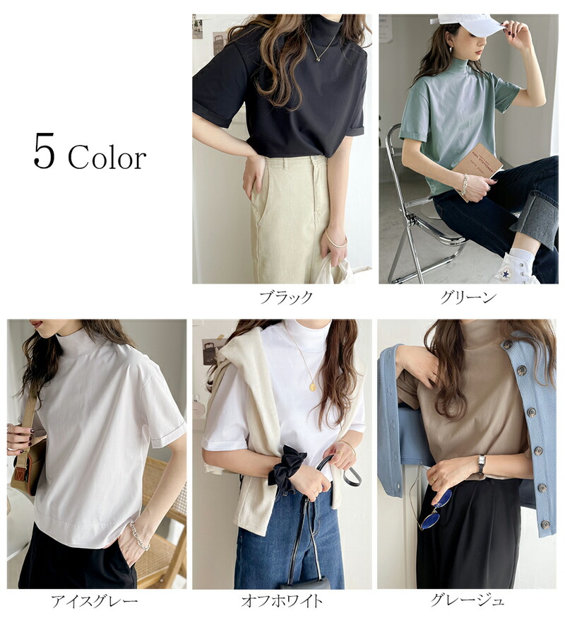 トップス tシャツ レディース シルケット ハイネック カットソー 半袖 きれいめ レイヤードコーデ インナー 程よい フィット感 | classicalelf | 01