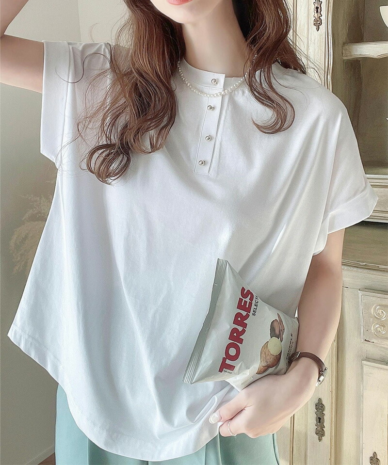 トップス tシャツ レディース カットソー 前後2way シルケット メタルボタン フレンチスリーブ シンプル 華奢見え 体型カバー | classicalelf | 07