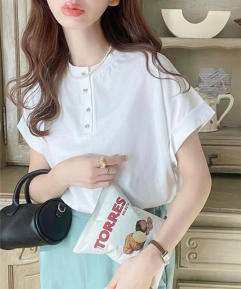 トップス tシャツ レディース カットソー 前後2way シルケット メタルボタン フレンチスリーブ シンプル 華奢見え 体型カバー | classicalelf | 09